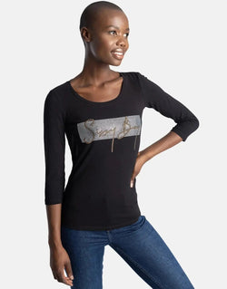 Sissy Boy Women's Dolla Billz Logo Black Cotton Three-Quarter Sleeve T-Shirt