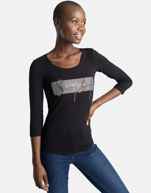 Sissy Boy Women's Dolla Billz Logo Black Cotton Three-Quarter Sleeve T-Shirt