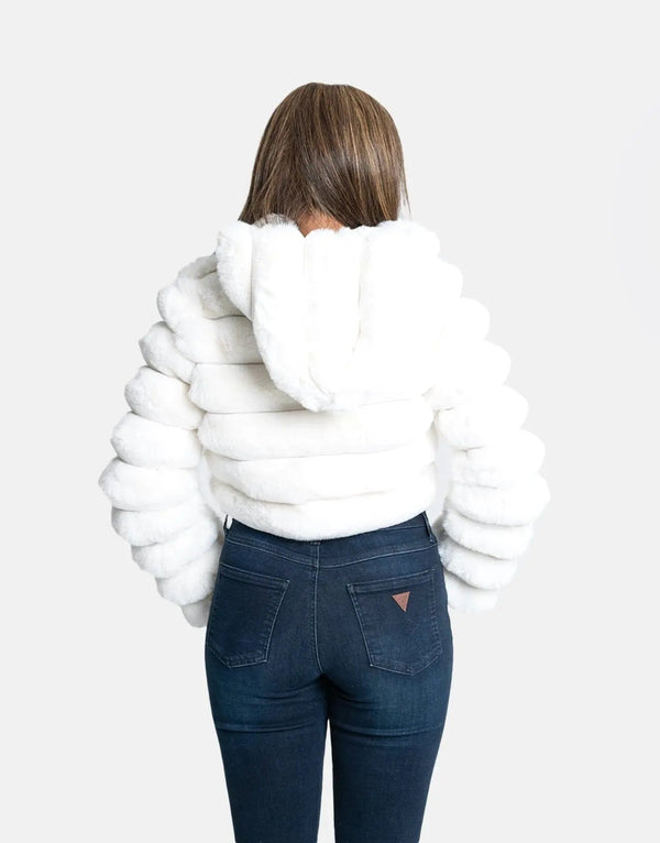 Luxurious Sissy Boy Cream Faux Fur Quilted Hooded Jacket for Women