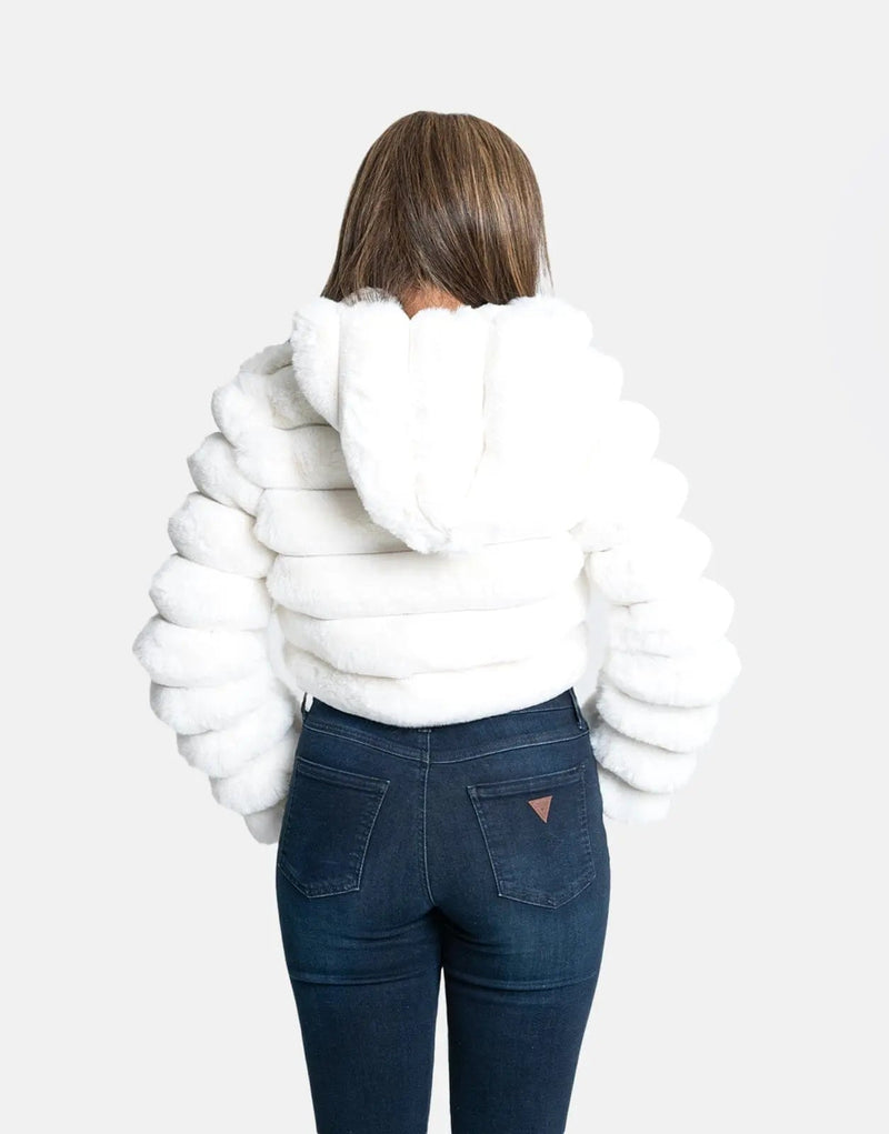 Luxurious Sissy Boy Cream Faux Fur Quilted Hooded Jacket for Women