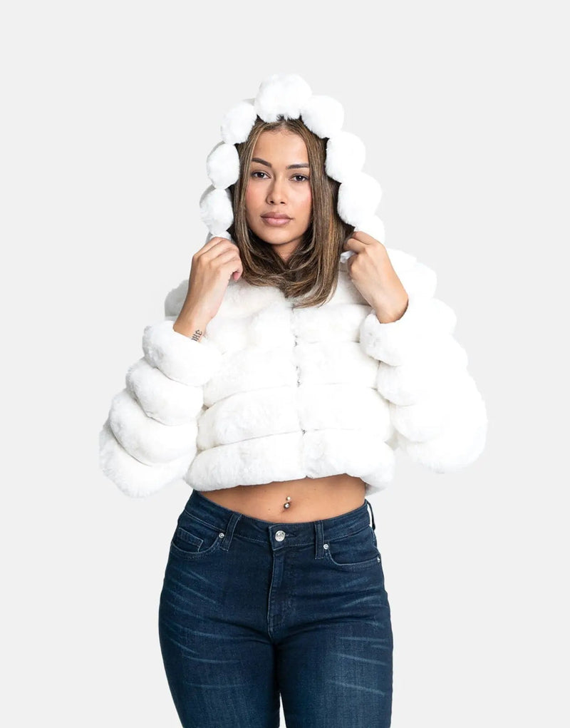 Luxurious Sissy Boy Cream Faux Fur Quilted Hooded Jacket for Women