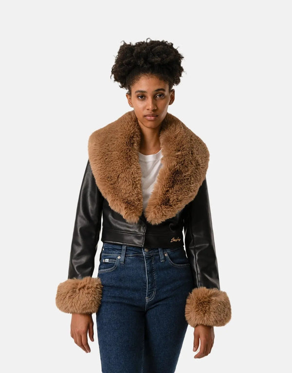 Chic Faux Leather Fur Collar Jacket: Women's Stylish Black Outerwear for Winter