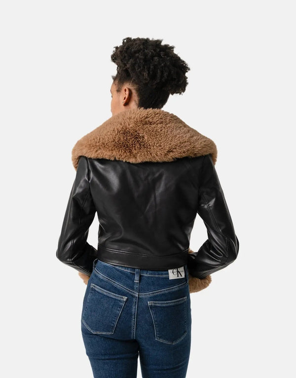 Chic Faux Leather Fur Collar Jacket: Women's Stylish Black Outerwear for Winter