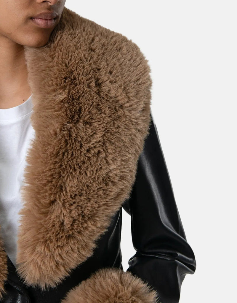 Chic Faux Leather Fur Collar Jacket: Women's Stylish Black Outerwear for Winter