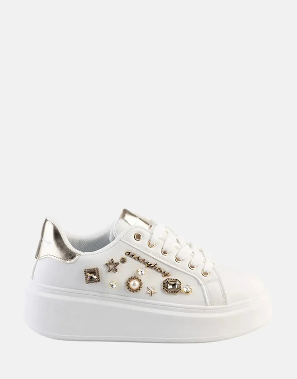 Sissy Boy Dazzling Gem Platform White Sneakers – Fashionable Comfort Footwear