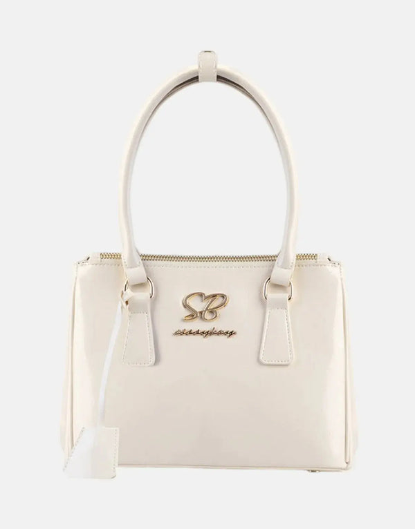 Sissy Boy Chic Gold Detail Brown Patent Small Tote Handbag for Women