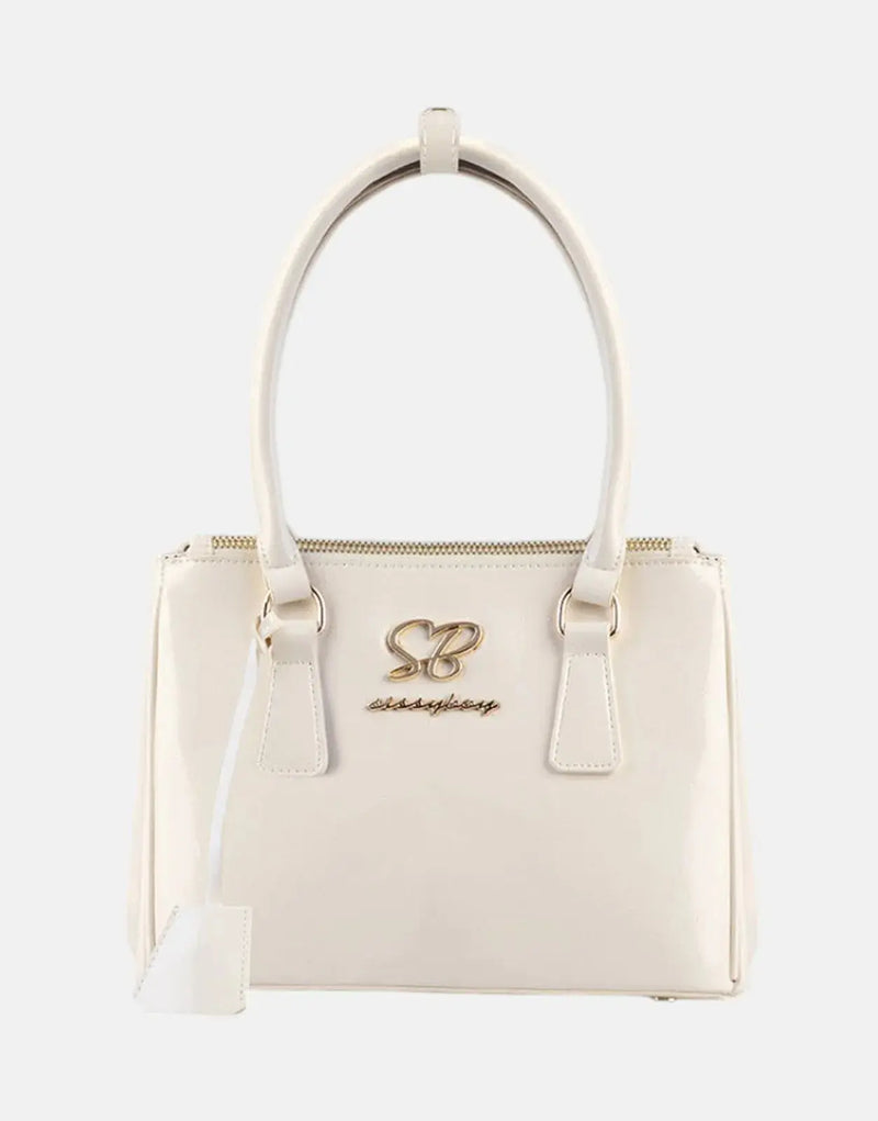Sissy Boy Chic Gold Detail Brown Patent Small Tote Handbag for Women