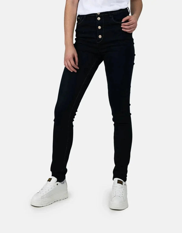 Sissy Boy Women's High Waist Skinny Jeans with Stylish Exposed Buttons