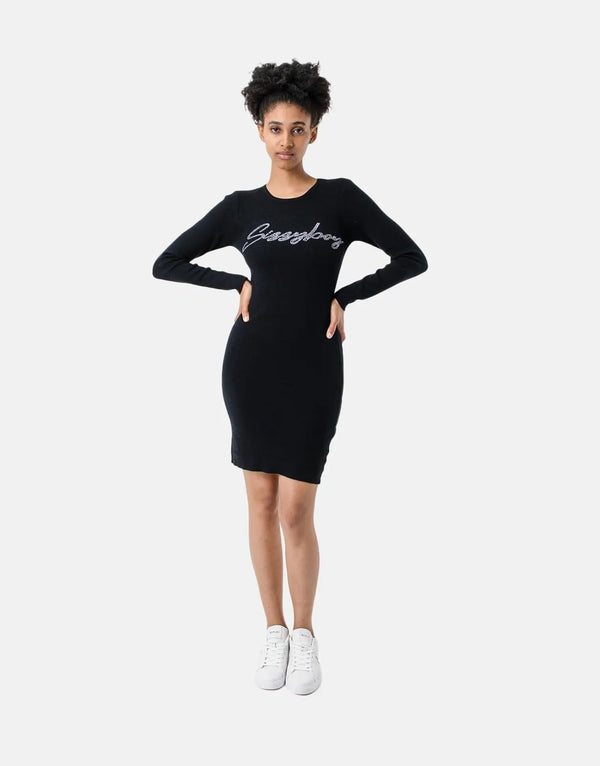 Sissy Boy Women's Elegant Black Knitted Bling Logo Long Sleeve Mini Dress