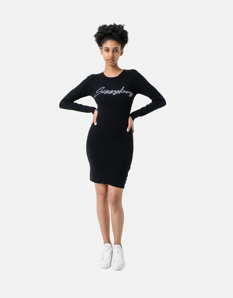 Sissy Boy Women's Elegant Black Knitted Bling Logo Long Sleeve Mini Dress
