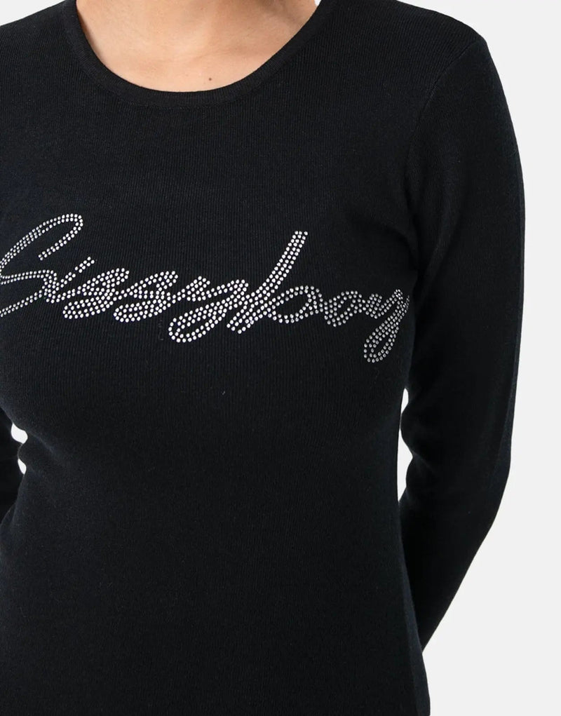 Sissy Boy Women's Elegant Black Knitted Bling Logo Long Sleeve Mini Dress