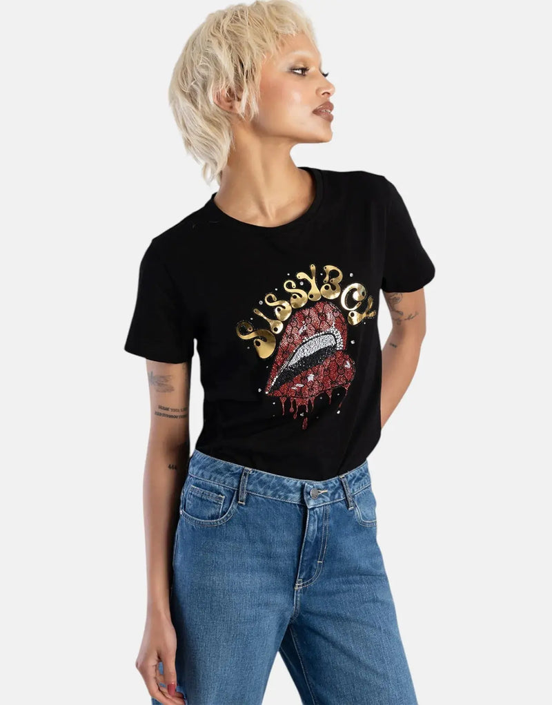Chic Sissy Boy Women's Multi-Technique Logo Tee - Stylish Black Cotton Top
