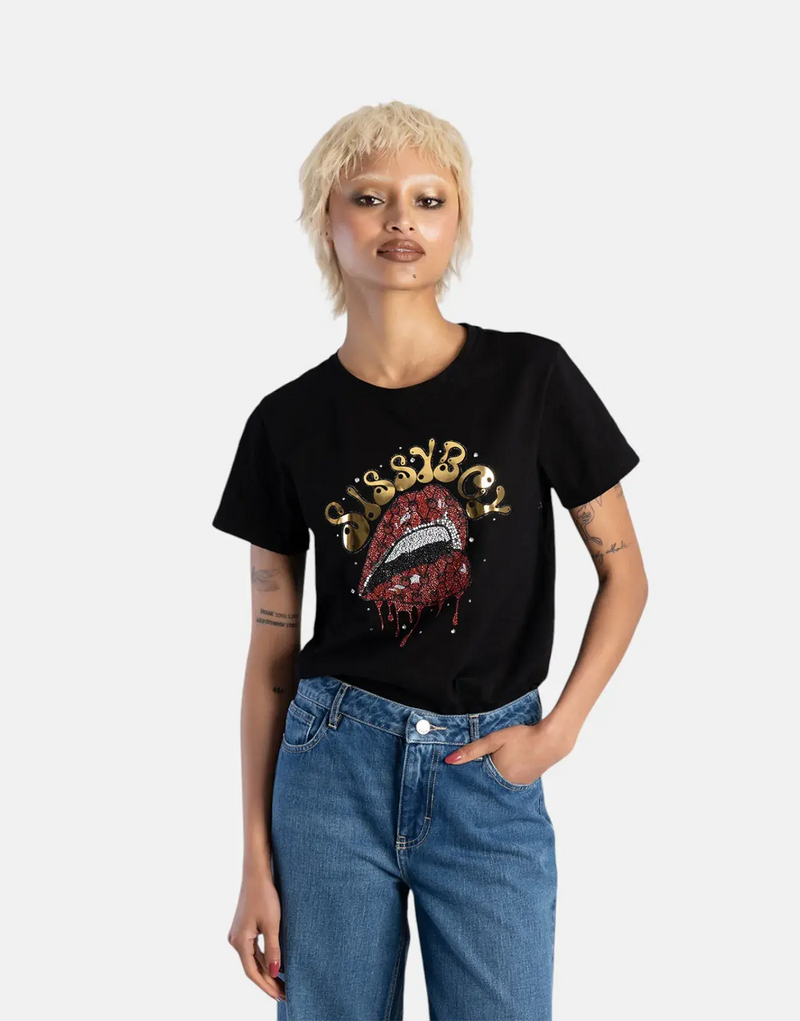 Chic Sissy Boy Women's Multi-Technique Logo Tee - Stylish Black Cotton Top