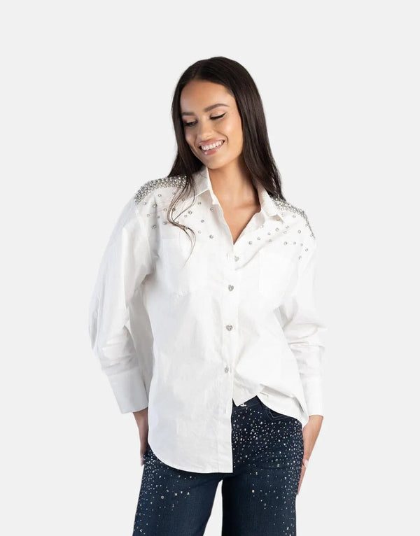 Elegant Poplin Diamond Embellished Shirt for Women - Timeless Style & Comfort