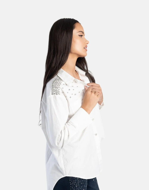 Elegant Poplin Diamond Embellished Shirt for Women - Timeless Style & Comfort