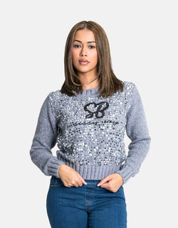 Sissy Boy Women's Sequin Logo Knit Grey Melange Cozy Sweatshirt