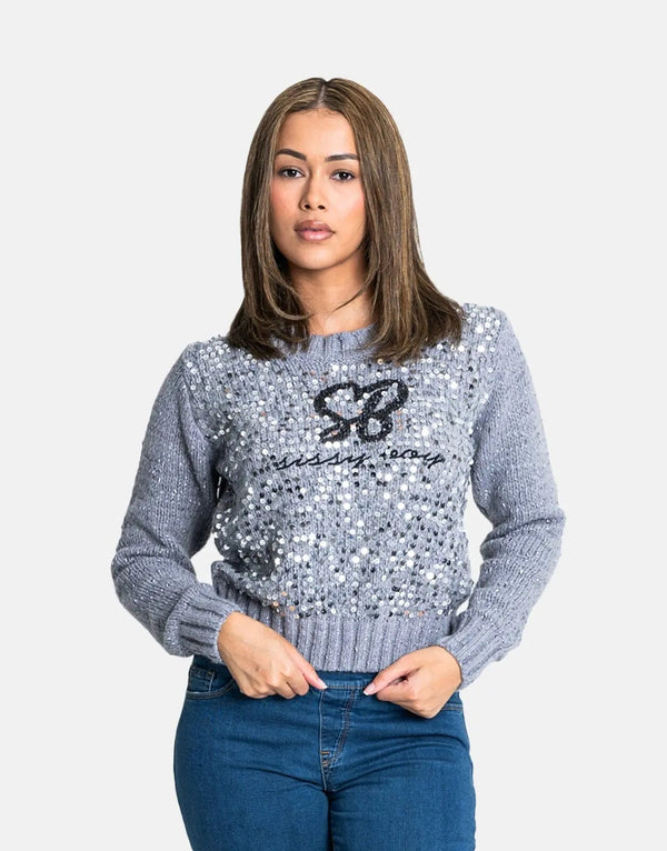 Sissy Boy Women's Sequin Logo Knit Grey Melange Cozy Sweatshirt