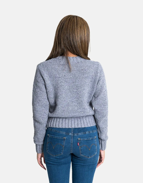 Sissy Boy Women's Sequin Logo Knit Grey Melange Cozy Sweatshirt