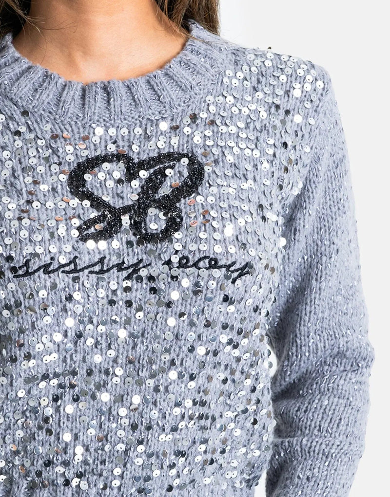 Sissy Boy Women's Sequin Logo Knit Grey Melange Cozy Sweatshirt