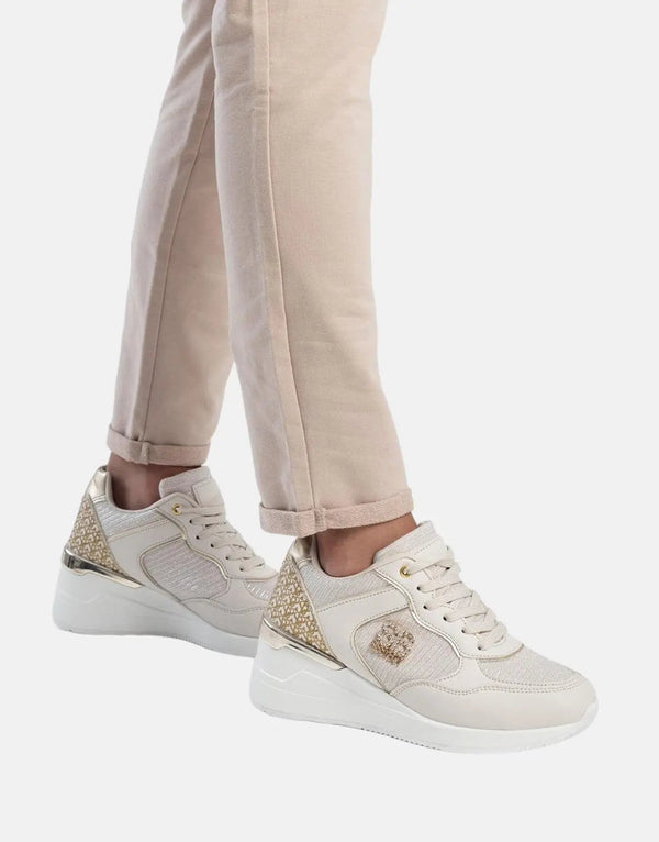 Sissy Boy Stylish Wedge Print Beige Platform Sneakers for Fashionable Comfort