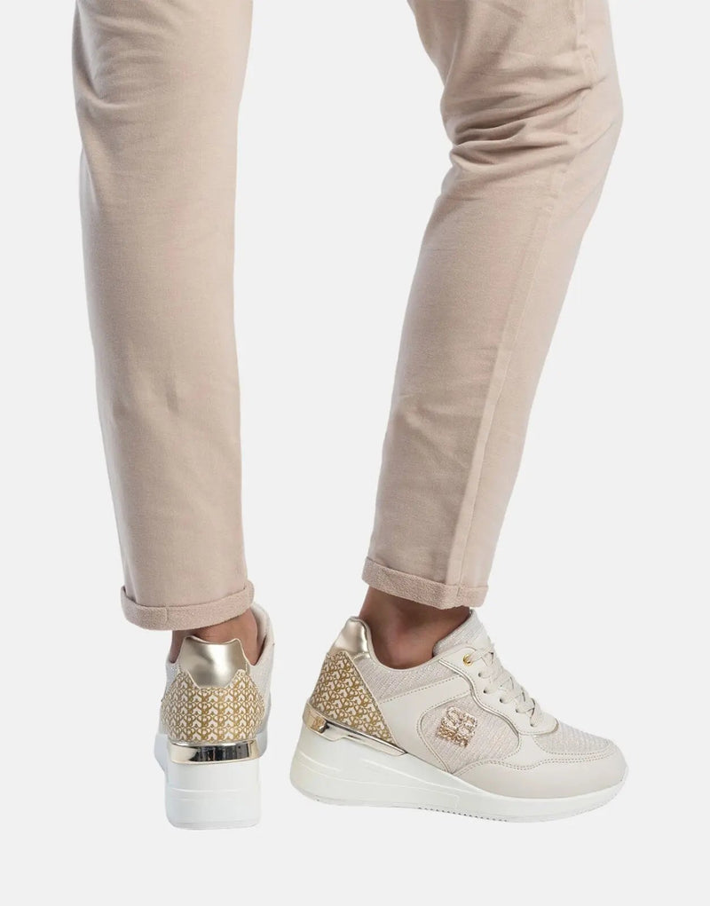 Sissy Boy Stylish Wedge Print Beige Platform Sneakers for Fashionable Comfort