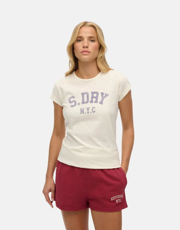 Women's Superdry Athletic Essential Slub Off-White Cotton Tee with Bold Chest Graphic