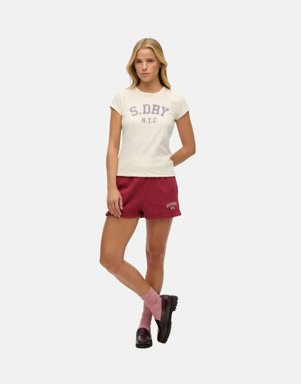 Women's Superdry Athletic Essential Slub Off-White Cotton Tee with Bold Chest Graphic