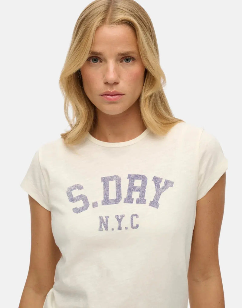 Women's Superdry Athletic Essential Slub Off-White Cotton Tee with Bold Chest Graphic