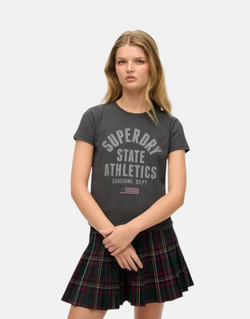 Superdry Women's Athletic Graphic Fitted Charcoal Organic Cotton Tee for Sporty Style
