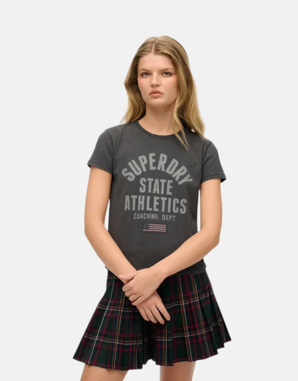 Superdry Women's Athletic Graphic Fitted Charcoal Organic Cotton Tee for Sporty Style