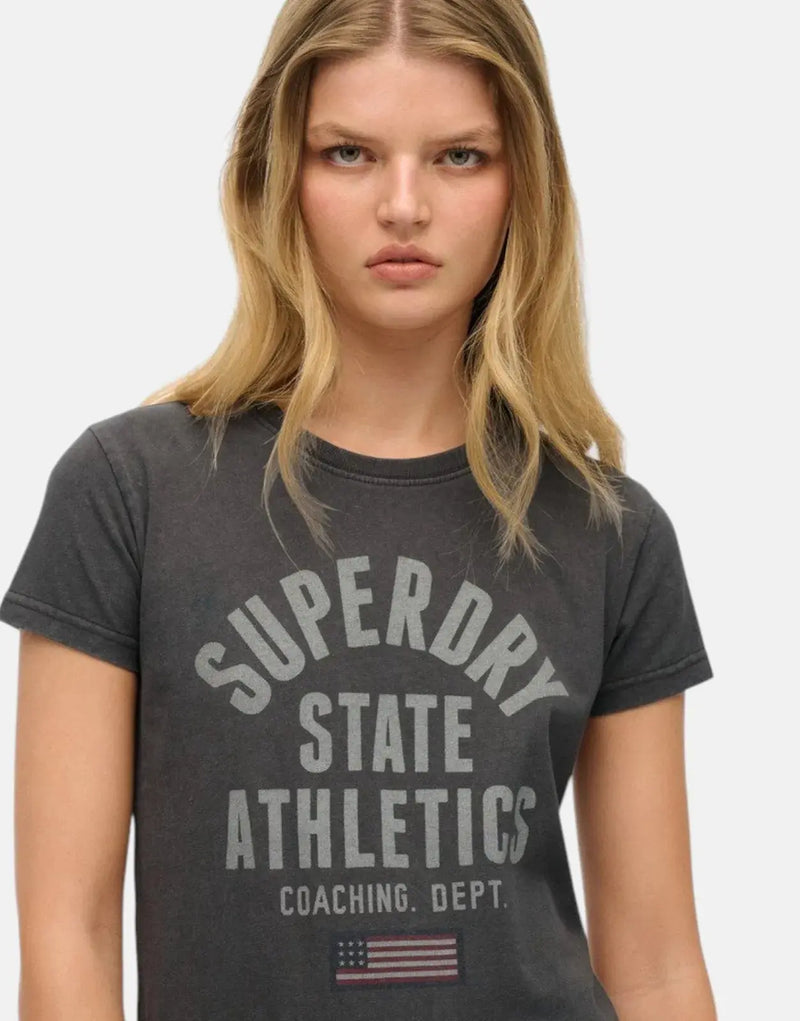 Superdry Women's Athletic Graphic Fitted Charcoal Organic Cotton Tee for Sporty Style