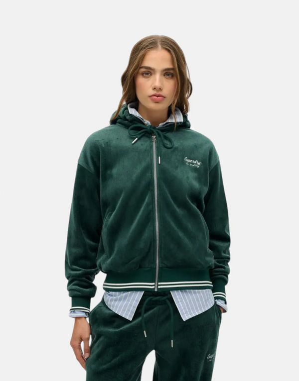 Superdry Women's Velour Zip Hoodie: Cozy Cropped Fit, Adjustable Hooded Sweatshirt