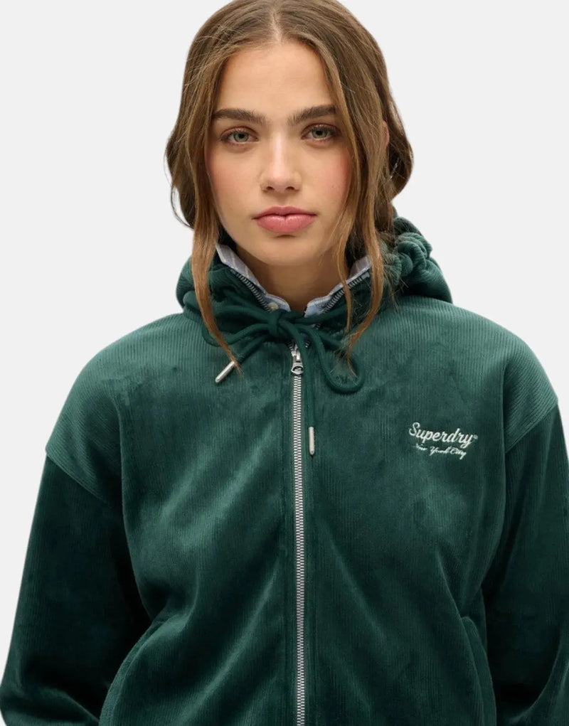 Superdry Women's Velour Zip Hoodie: Cozy Cropped Fit, Adjustable Hooded Sweatshirt
