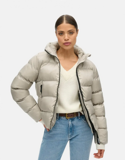 Superdry Luxe Hooded Puffer Jacket, Oyster Cream, Water-Resistant, Warm, Stylish, Slim Fit