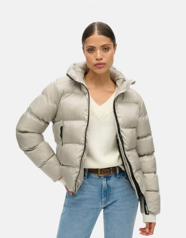 Superdry Luxe Hooded Puffer Jacket, Oyster Cream, Water-Resistant, Warm, Stylish, Slim Fit
