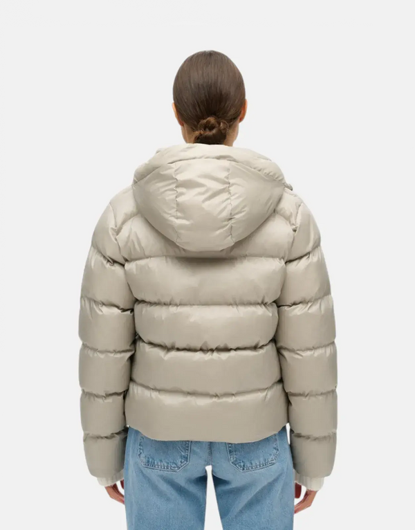 Superdry Luxe Hooded Puffer Jacket, Oyster Cream, Water-Resistant, Warm, Stylish, Slim Fit