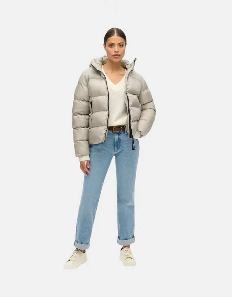 Superdry Luxe Hooded Puffer Jacket, Oyster Cream, Water-Resistant, Warm, Stylish, Slim Fit