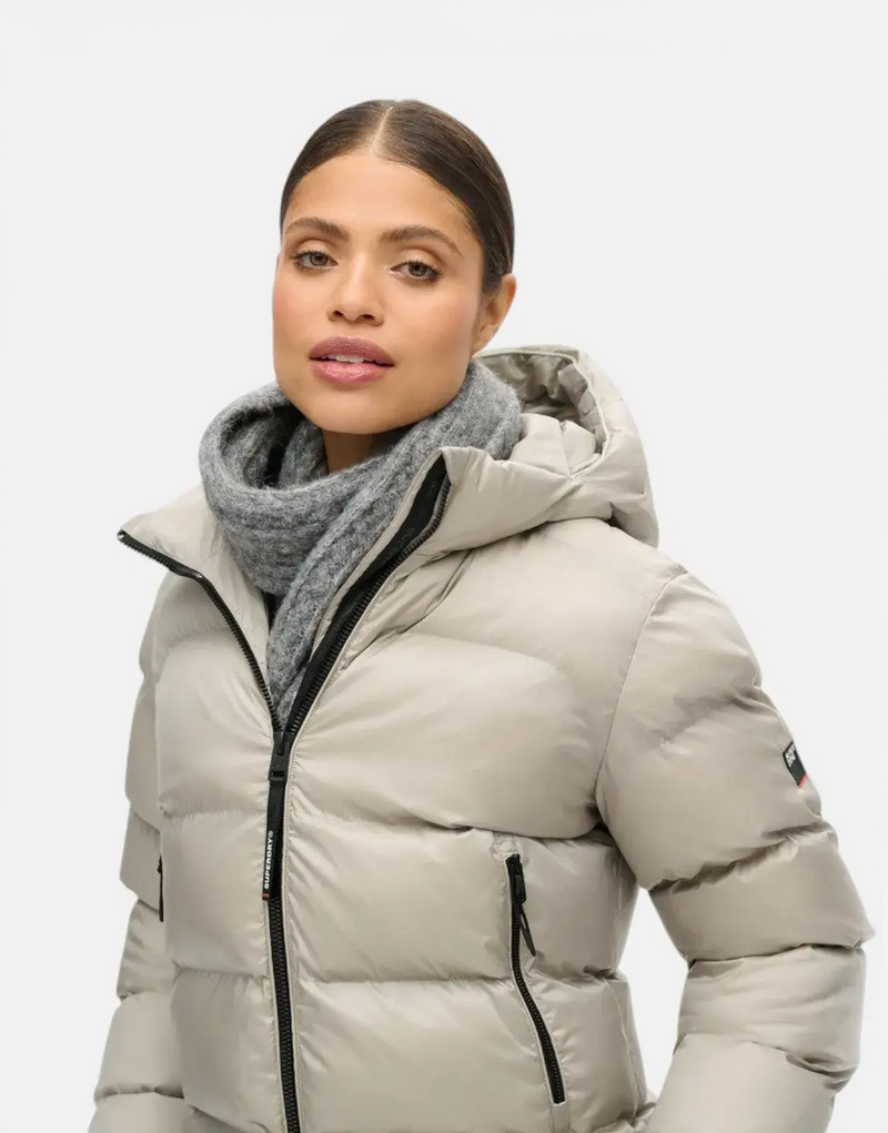 Superdry Luxe Hooded Puffer Jacket, Oyster Cream, Water-Resistant, Warm, Stylish, Slim Fit