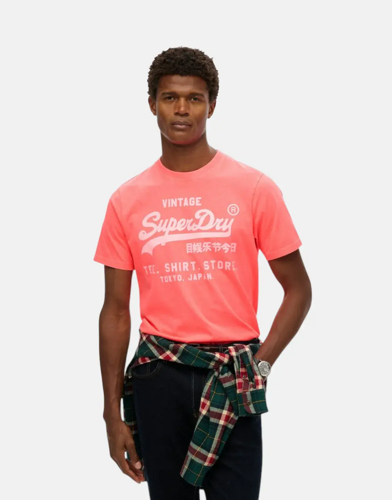 Vibrant Superdry Men's Neon Relaxed Hyper Fire Coral Cotton T-Shirt