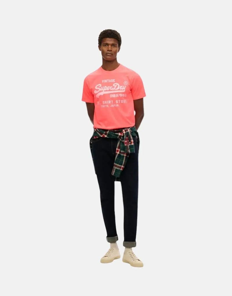 Vibrant Superdry Men's Neon Relaxed Hyper Fire Coral Cotton T-Shirt