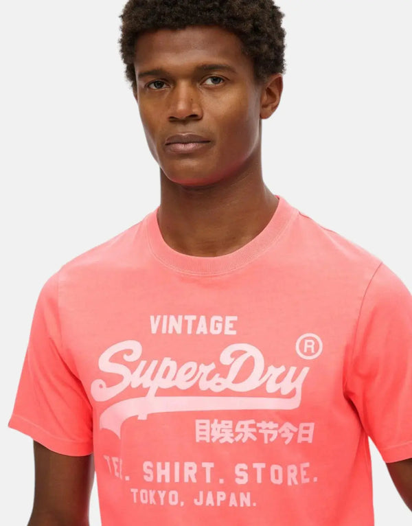 Vibrant Superdry Men's Neon Relaxed Hyper Fire Coral Cotton T-Shirt