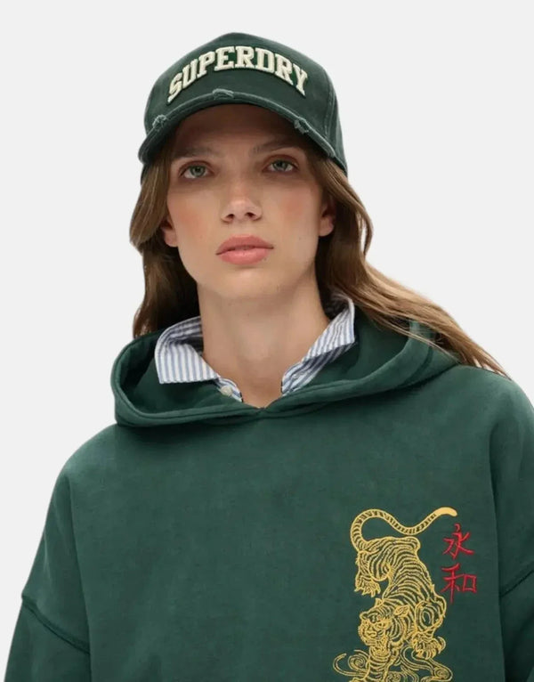Superdry Varsity Logo Academy Green Trucker Cap Distressed Vintage Sporty Style