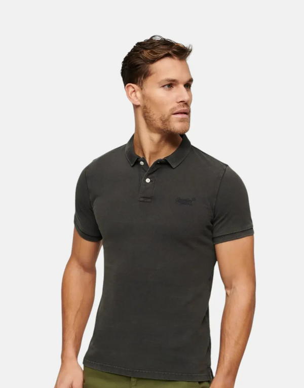 Men's Superdry Vintage Destroyed Black Polo Shirt - Relaxed Fit Cotton