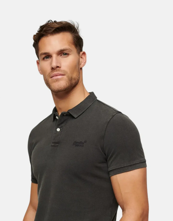 Men's Superdry Vintage Destroyed Black Polo Shirt - Relaxed Fit Cotton