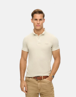 Superdry Men's Vintage Destroyed Chalk White Pique Cotton Polo Shirt