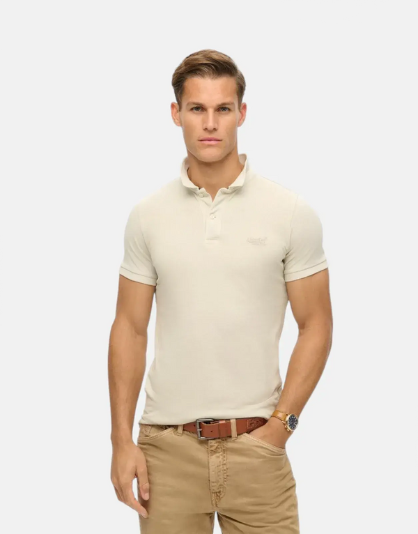 Superdry Men's Vintage Destroyed Chalk White Pique Cotton Polo Shirt