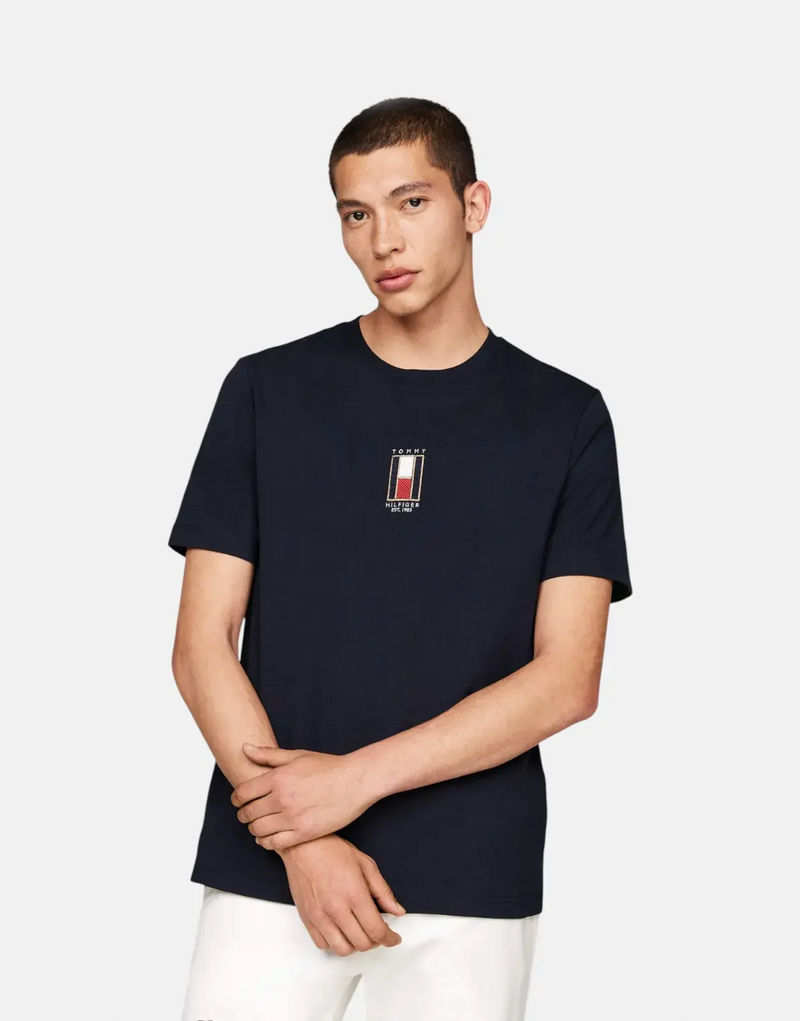 Tommy Hilfiger Men's Black Vertical Flag Pure Cotton Crew Neck T-Shirt