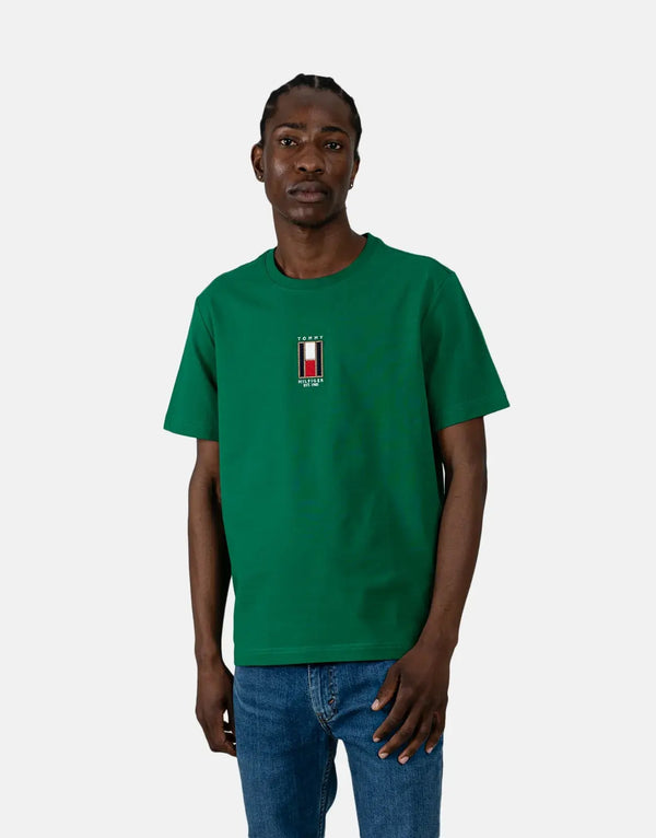 Tommy Hilfiger Men's Green Vertical Flag Logo Cotton T-Shirt Everyday Wear