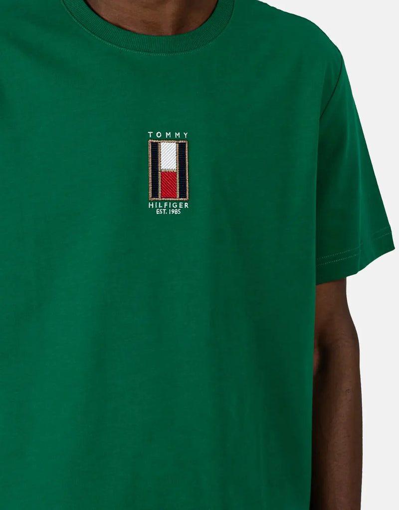 Tommy Hilfiger Men's Green Vertical Flag Logo Cotton T-Shirt Everyday Wear