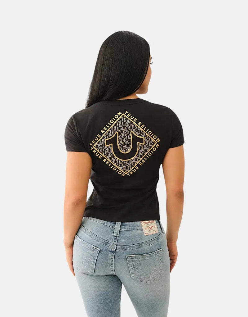 True Religion Men's Diamond HD V-Neck Black T-Shirt - Iconic Logo Design